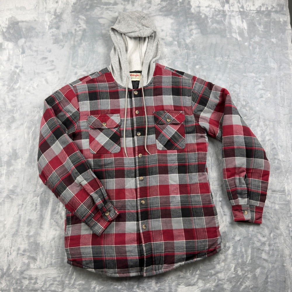 Wrangler Authentics Mens Red Plaid Quilted Lined Flannel Shirt Jacket Hooded M